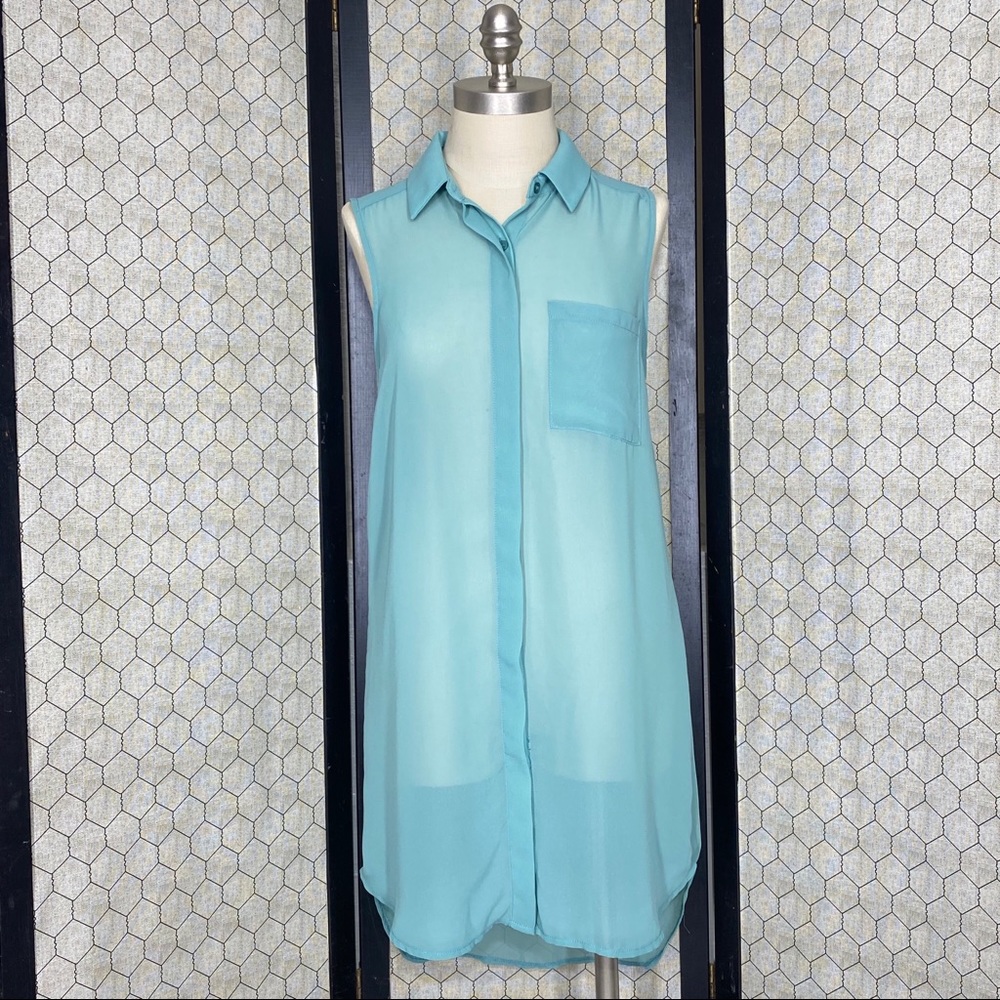 Lush Sheer Sleeveless High Low Button Down Top